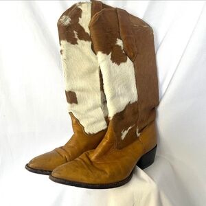 Vintage Ponyskin Cowboy Boots - Size 7 - Brown & Cream - Rose Inner Lining
